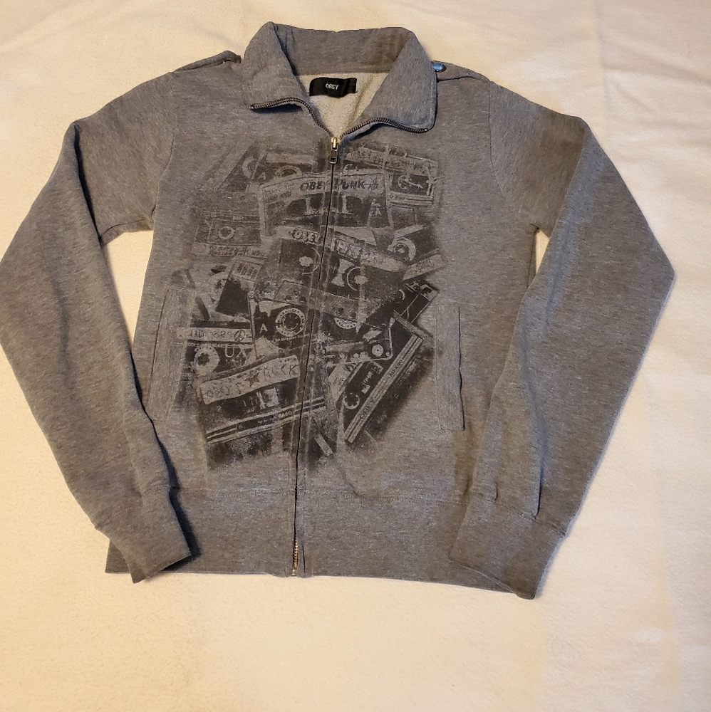 Obey Gray Cassette Tape Zip Up. Size small.